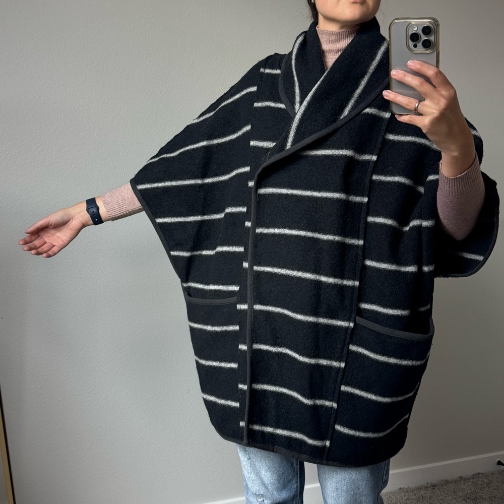 Free People Wool-Blend Striped Cape Coat – Black/Grey – XS (Oversized, Fits S–M) - Picture 4 of 16